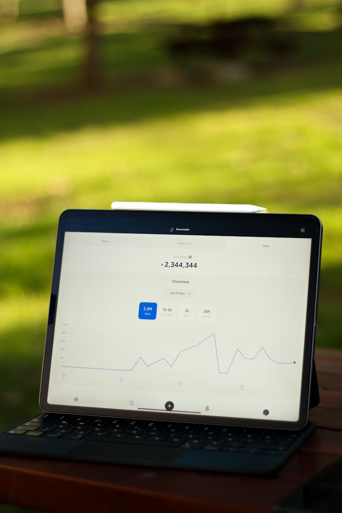 Tablet showcasing a data graph outdoors, perfect for business and technology themes.